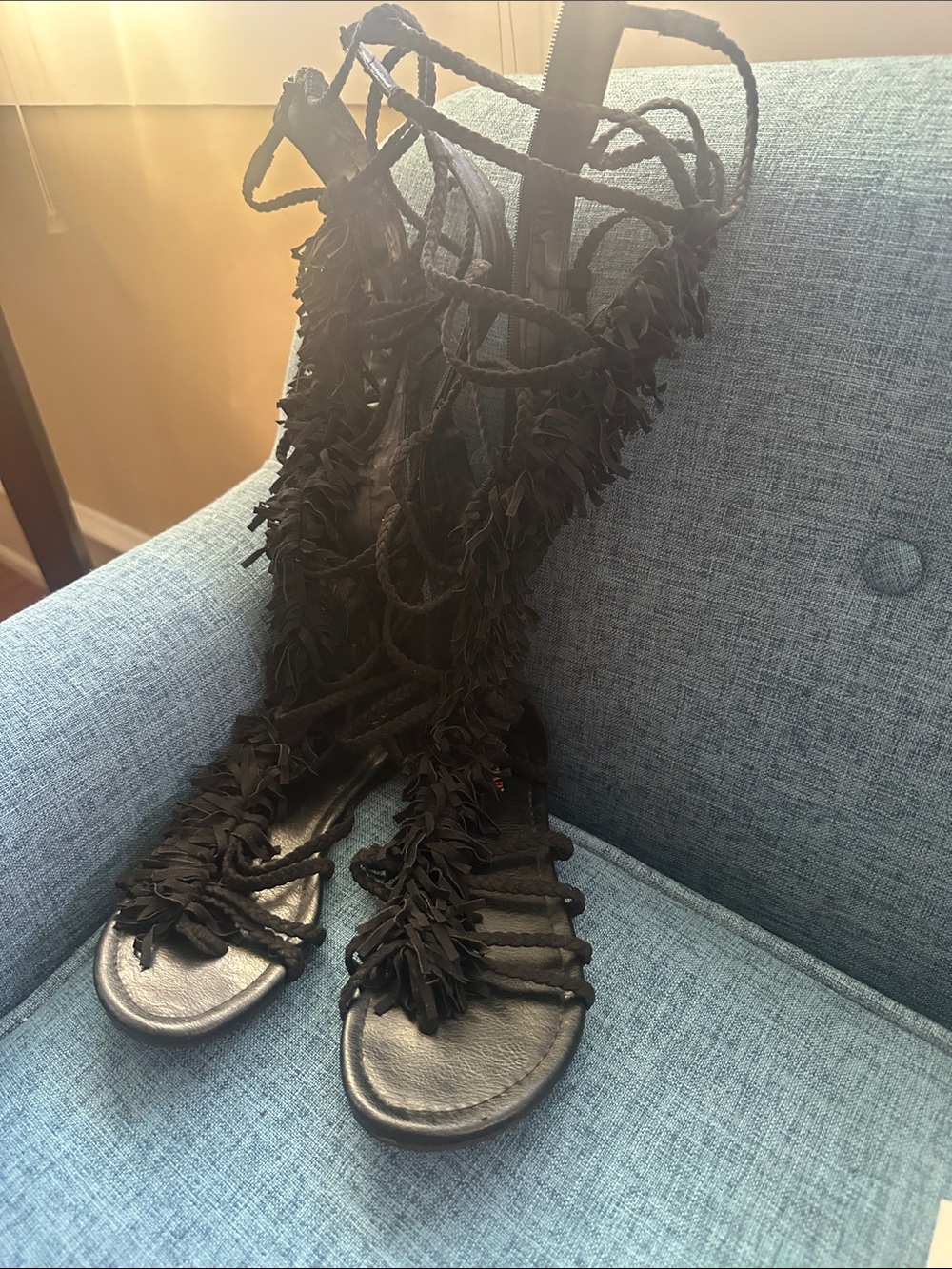 Women’s Black Fringe Lace-Up Gladiator Sandals